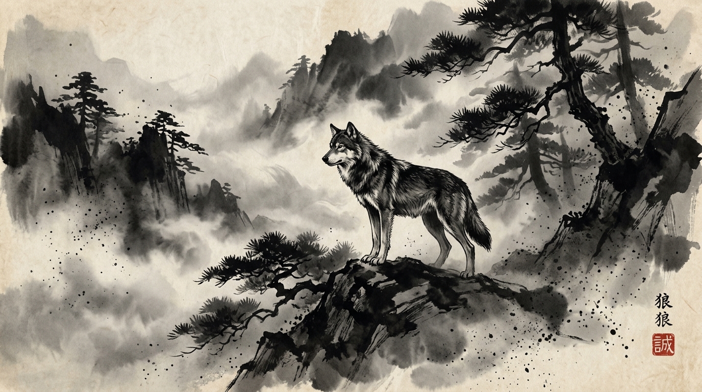 Okami Wolf in misty mountains